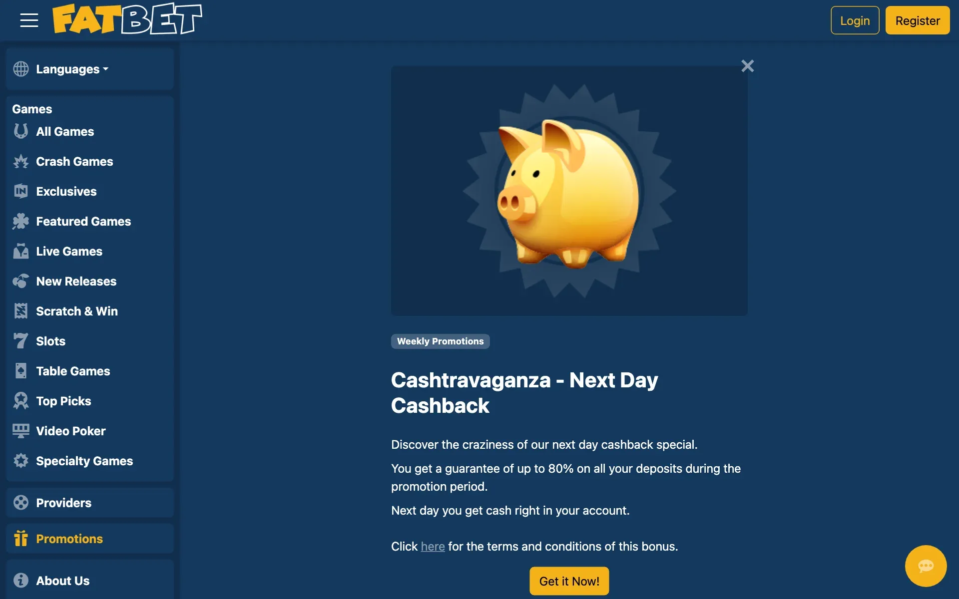 FatBet Cashtravaganza next day cashback card