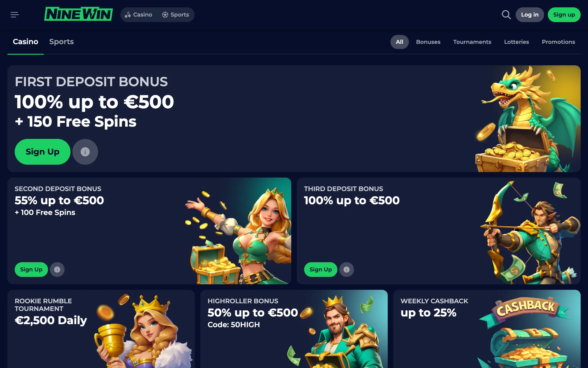 NineWin promotions page: three-deposit welcome package, Rookie Rumble, 50HIGH and weekly cashback