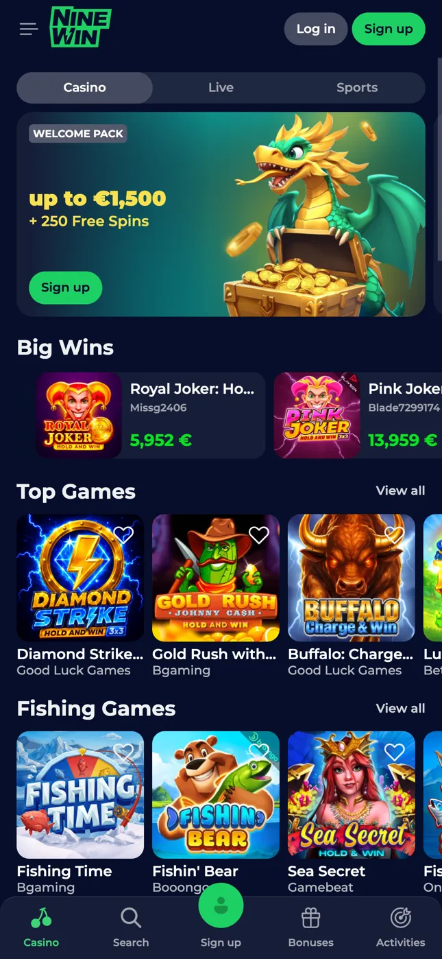 NineWin mobile lobby with the welcome pack banner, Big Wins and Top Games